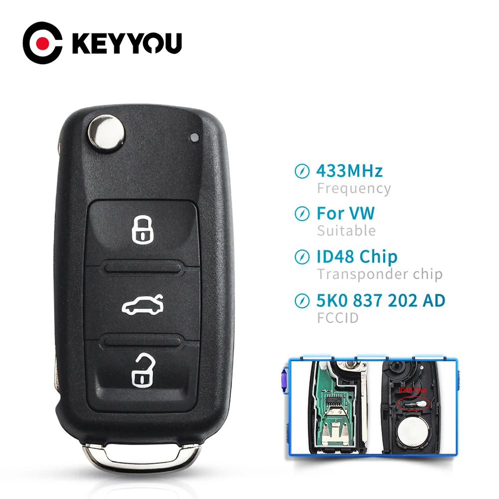 

KEYYOU дистанционный ключ 434 МГц чип ID48 для VW Volkswagen GOLF PASSAT Tiguan Polo Jetta Beetle автомобильный БЕСКЛЮЧЕВОЙ 5K0 837 202AD 5K0837202AD