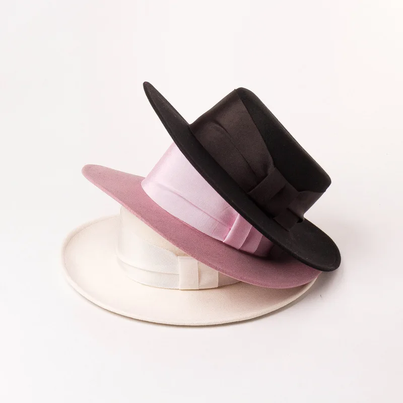 USPOP, новинка, Осень-зима, плоский верх, шерсть, fedoras, для женщин, Широкий Бант, лента, шерсть, шапки, модные, женские, одноцветные, толстые, шерстяные шапки