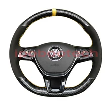 5D Carbon Fiber & Suede Leather Yellow Thread Steering Wheel Hand Sewing Wrap Cover Fit For Volkswagen Golf 7 Mk7 Passat B8
