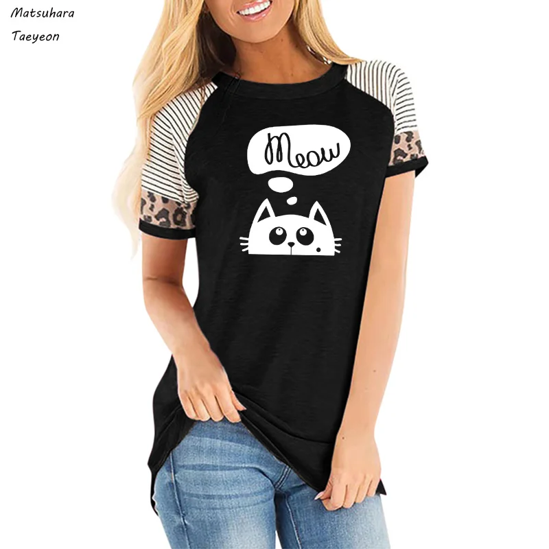 

Летняя женская футболка с милым котом, крутая забавная Футболка с принтом «Мяу», Хлопковая полосатая Повседневная футболка с коротким рука...