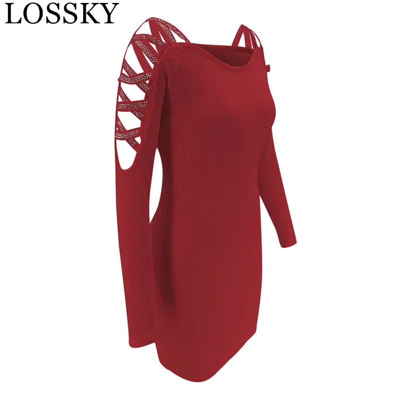 

Women Knitted Red Bodycon Mini Sexy Party Dress Casual Long Sleeve Slim Diamond Decor Elegant Clubwear Dress Female Fall Dresses