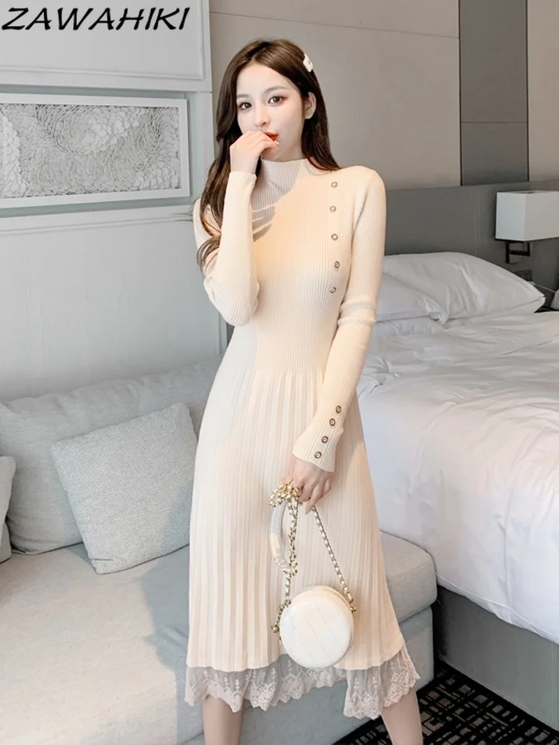 

ZAWAHIKI Half High Collar Knitted Dress Women Autumn and Winter New Solid High Waist Lace All-match Long Sleeve Sweater Dresses