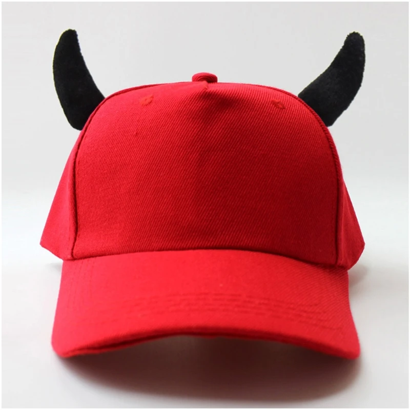 

2021 Women Men Novelty Funny Devil Ox Horn Baseball Cap Solid Color Sunscreen Halloween Holiday Party Snapback Trucker Hat