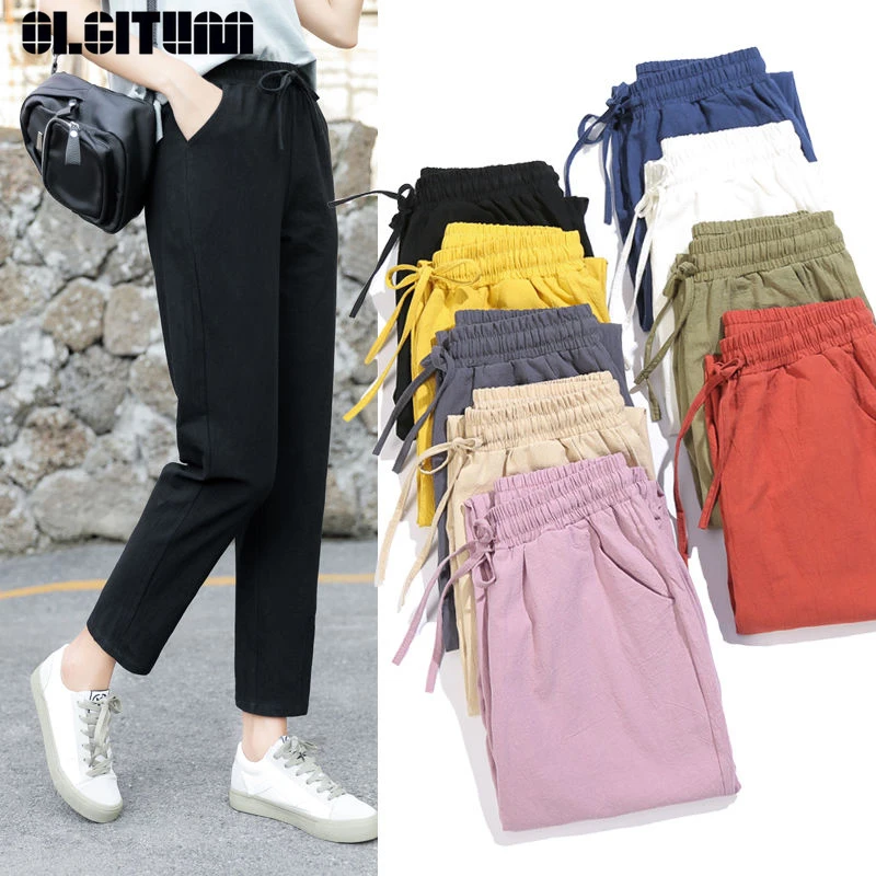 Брюки женские из хлопка и льна повседневные свободные однотонные штаны с высоким