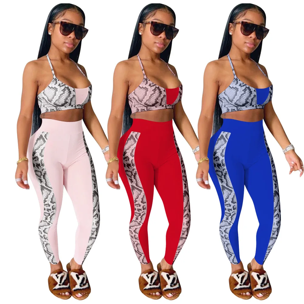 

UETEEY Two Piece Outfit For Women Backless Skinny Pant Set Two Piece Set Sexy Halter Crop Top High Waist Patchwork Print