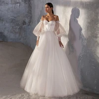puffy sleeve spaghetti strap a line sweetheart wedding dresses for brida white bridal gowns floor length court train lace up