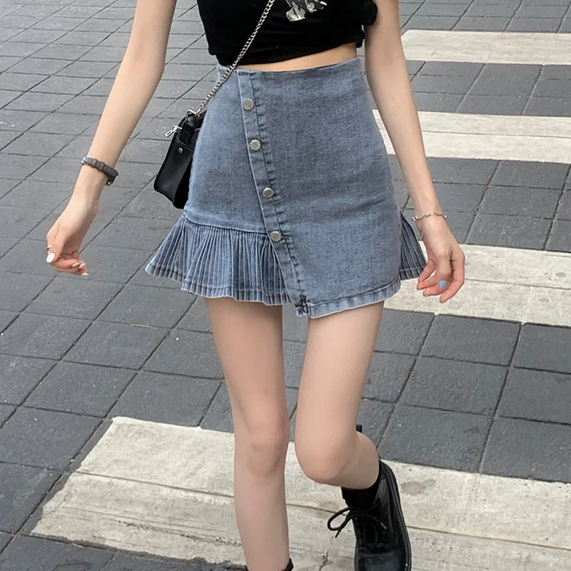 

INS Super Popular High Waist Denim Skirt Women's Slimming Niche Pleated A- line Skirt Summer New Irregular Skirt