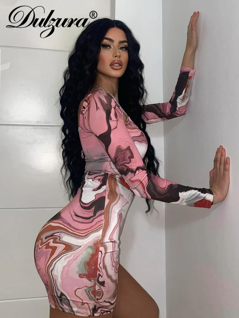 

Dulzura мини-платье с принтом в виде галстука-бабочки, на шнуровке, с длинным рукавом, с лямкой на шее, облегающее, сексуальное, уличное, вечерние...