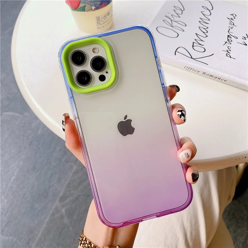 

Transparent Gradient Phone Case For iPhone 13 12 11 Pro XS Max XR X 7 8 Plus 13Mini Contrast Frame Soft Shockproof Back Cover