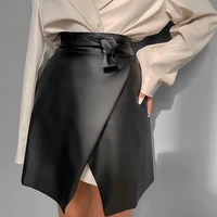 casual black women asymmetrical leather skirt sash sexy slim mini skirt female high street skirts ladies spring summer