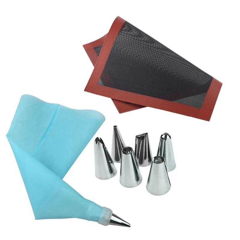 

9 Pcs Accessories: 8 Pcs Kitchen Accessories Pastry Bag Stainless Steel Nozzle & 1 Pcs Perforated Silicone Baking Mat