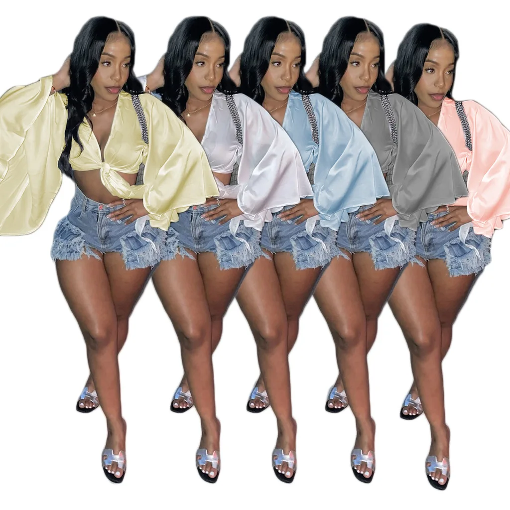 

Echoine Loose Wide Flare Sleeve Blouse Shirt Top Ladies V-neck Lace Up Spring Autumn Blouse Sexy Party Office Lady Tops