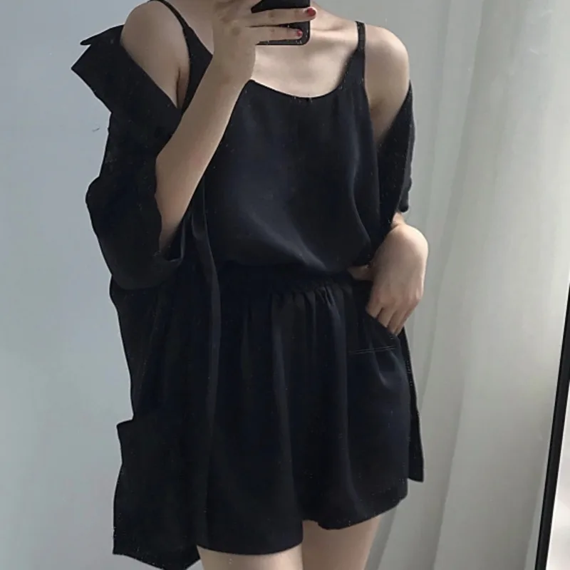 

2021 Spring Autumn New Three Pieces Set Womens Outfits Notched Thin Small Suit Jacket+suspender +Elastic Waist Shorts