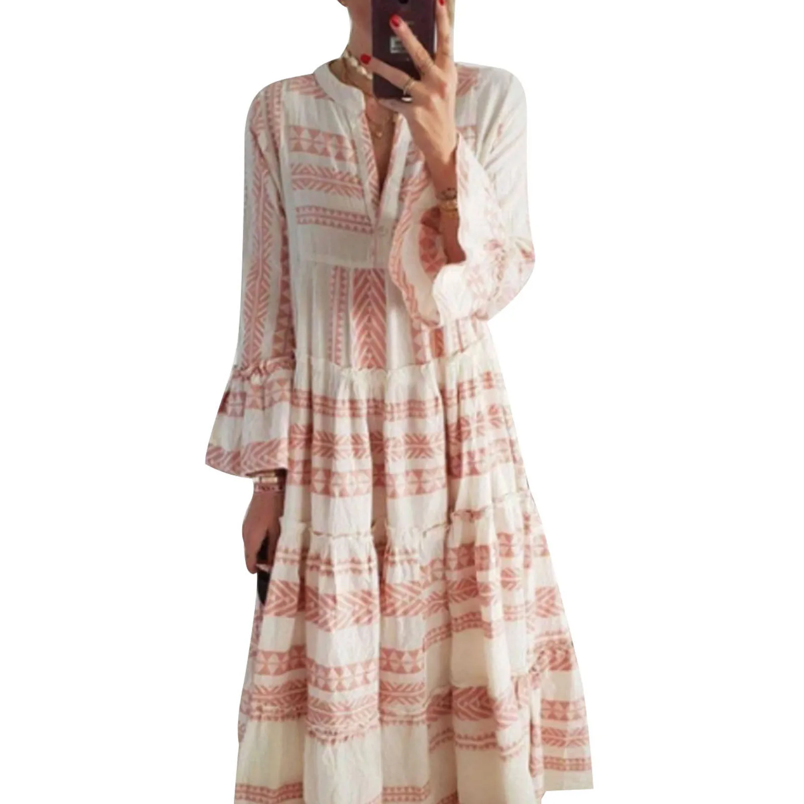 

Women Summer Beach Dress, Adults Geometric Print Flare Sleeve V-neck High Waisted 1-piece Women'S Clothing Long Dresses