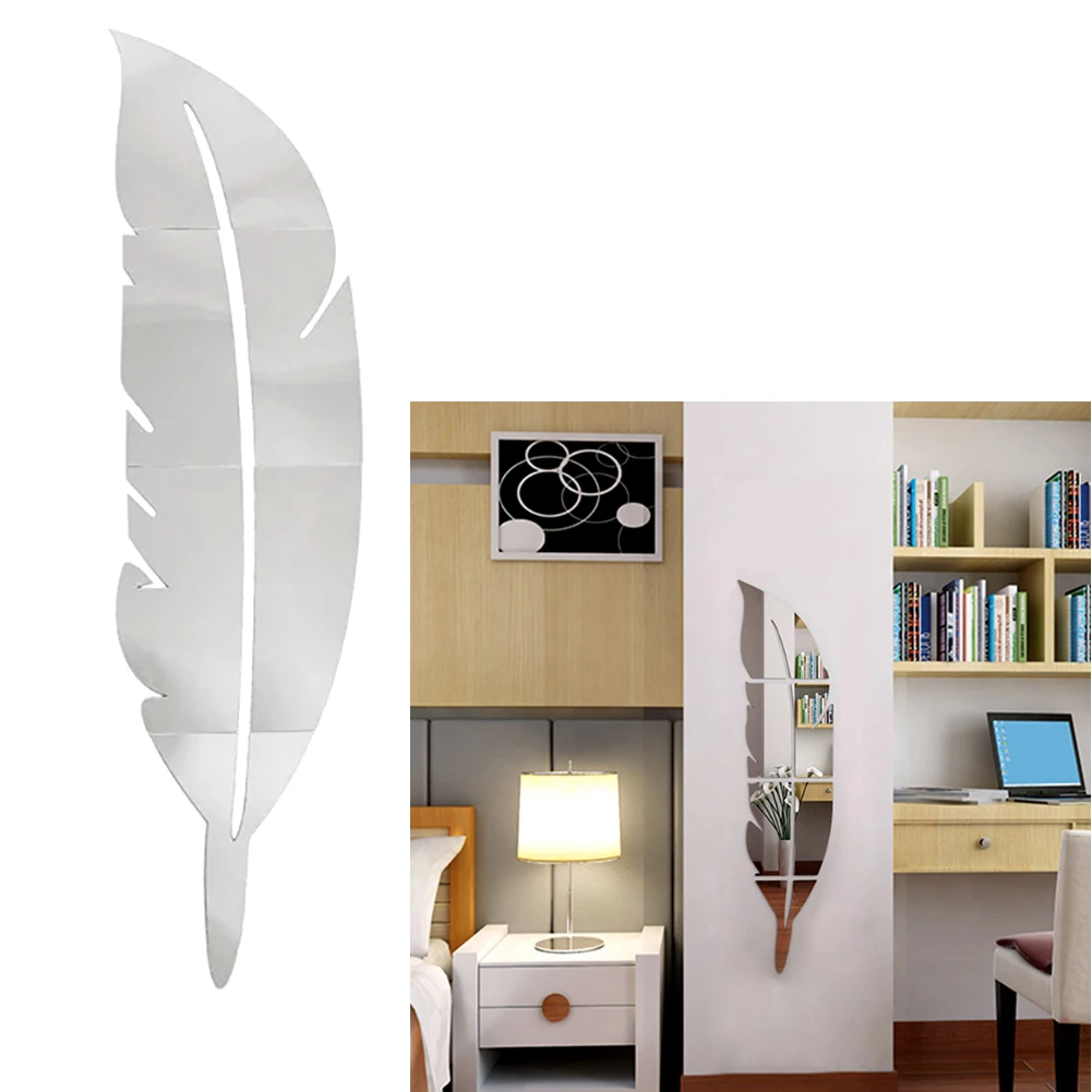 

Acrylic Wall Stickers 3D Feather Removable Acrylic Mirror Setting Wall Sticker For Home Living Room Bedroom Decoration Silver