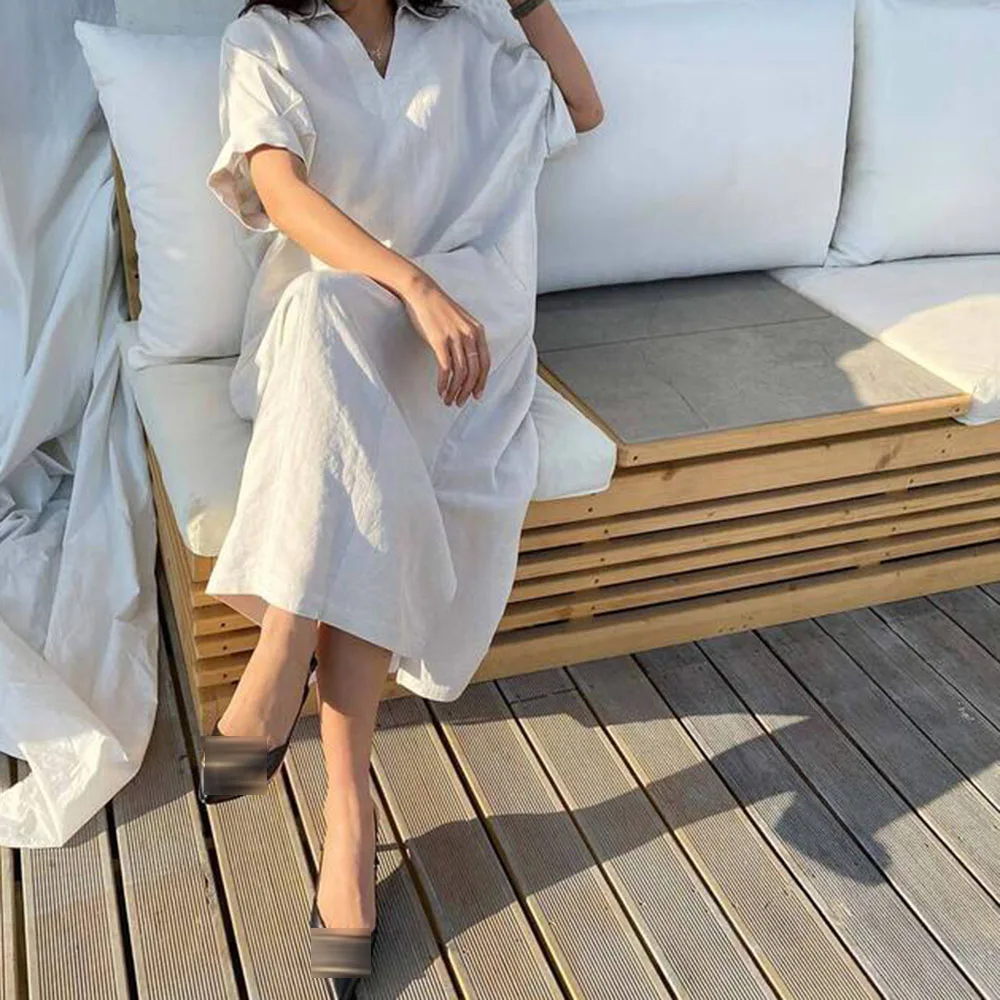 

2021 Summer New Fashion Temperament Simplicity Split Fork V-neck Solid Color Loose Casual Women's Dress