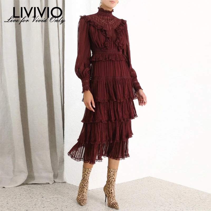 [LIVIVIO] богемное платье с рюшами для женщин, стоячий воротник, фонарь с длинным рукавом, высокая талия, платья женские,, осенняя мода, новинка
