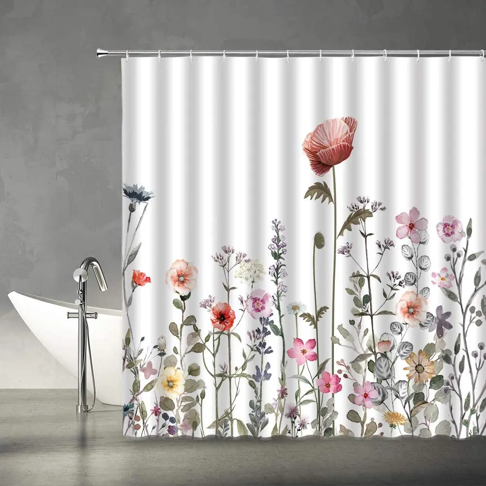 

Занавеска для душа с цветочным рисунком и цветными листьями