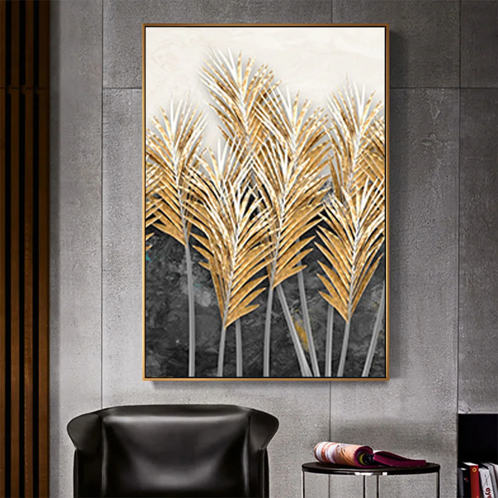 

Abstract Canvas Painting Golden Feather Poster Wall Paintings Blue Green Wall Art Picture for Living Room Fashion Tableaux Decor