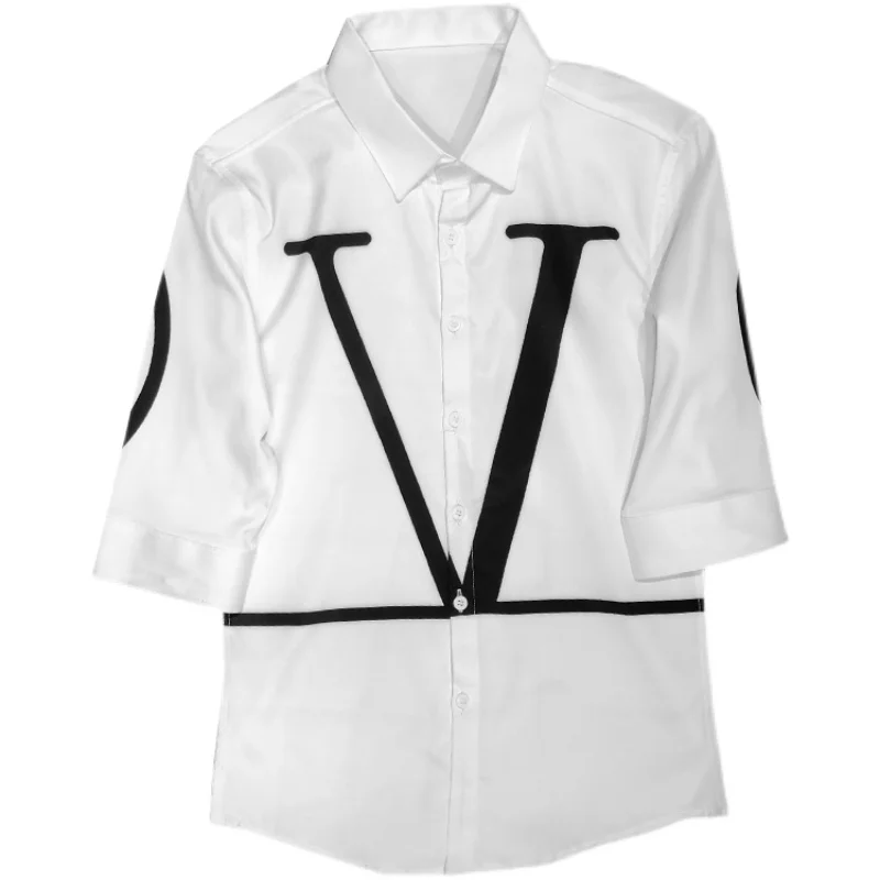 

Loldeal British Style Half Sleeve Shirt Men Tuxedo V Letter Batik Slim Casual