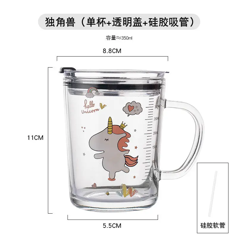 

Kids Drink Cup Children Cup Milk Breakfast Straw Glass Milk Tea Cup with Water Cup with Transparent Lid Unicorn Scale Cup For 4Y