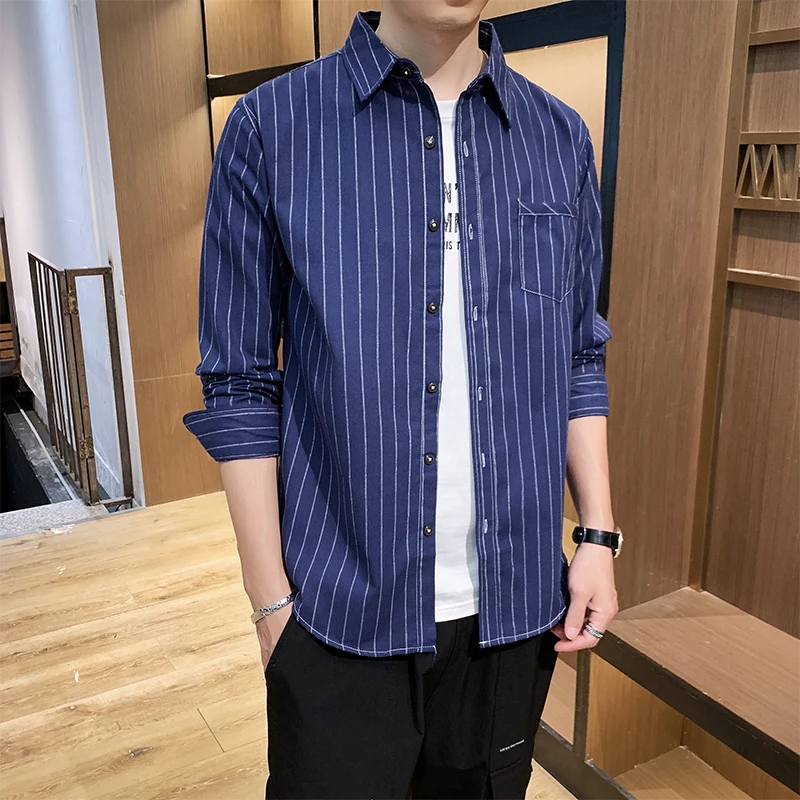 

Мужские хлопковые Модные Полосатые повседневные рубашки с длинным рукавом в стиле ретро, высокое качество, дизайнерские Мужские модельные рубашки, блузы, мужские повседневные рубашки