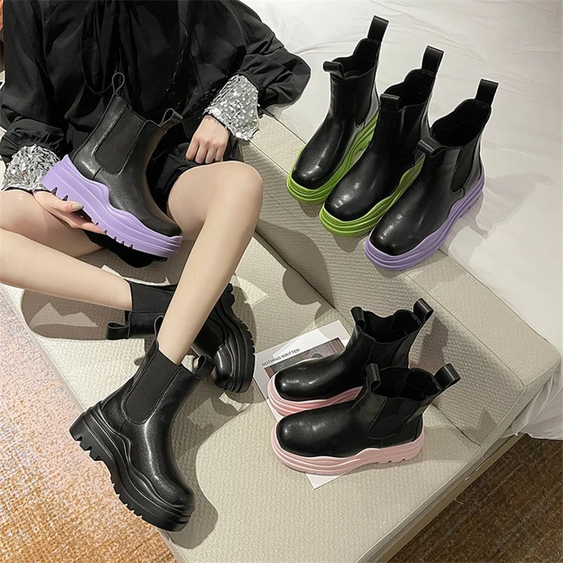 

Winter Autumn Women Boots Platform Shoes 2021 Female Fashion Ankle Boot Motorcycle Botas Stretch Slip On Women's Shoe Punk Goth