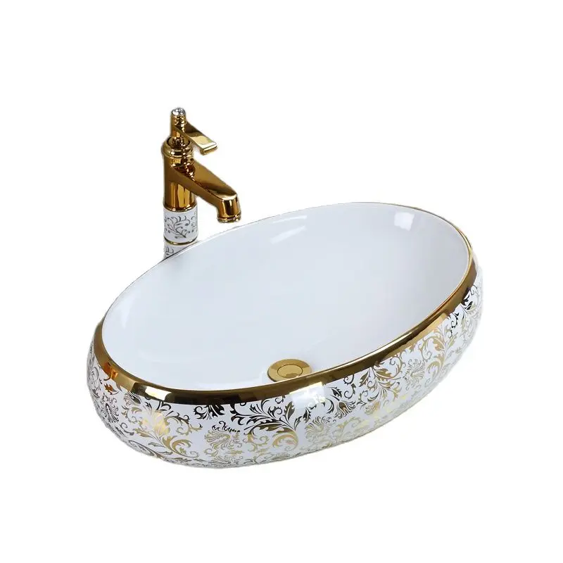 

European-Style Oval Ceramic Table Basin Square Table Household Wash Basin Luxury Gold Above Counter Bath Vessel Sink with Tap