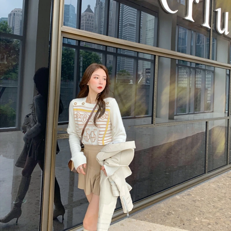 

Полосатый шерстяной пуловер с круглым вырезом для женщин 2020 Зимний толстый свитер с принтом корейский женский офисный вязаный свитер белый...