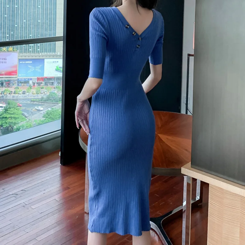 

2021 New Sexy V Neck Half Sleeve Cardigan Bodycon Dress Summer Blue Knitted Single Breasted Midi Dress Vestidos De Mujer Casual