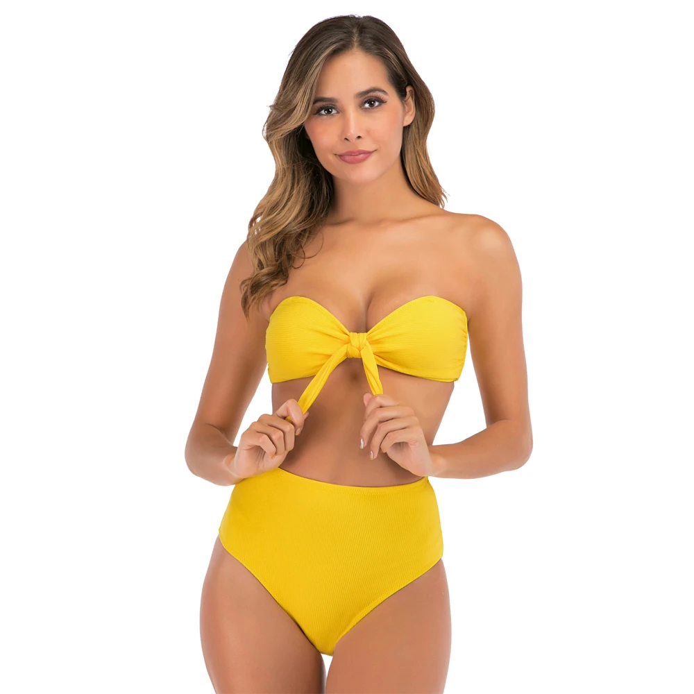 

2021 Summer New Bikini Sling in Europe and America Solid Color High Waist Split Swimsuit Women's Beach Backless Swimsuit Women's