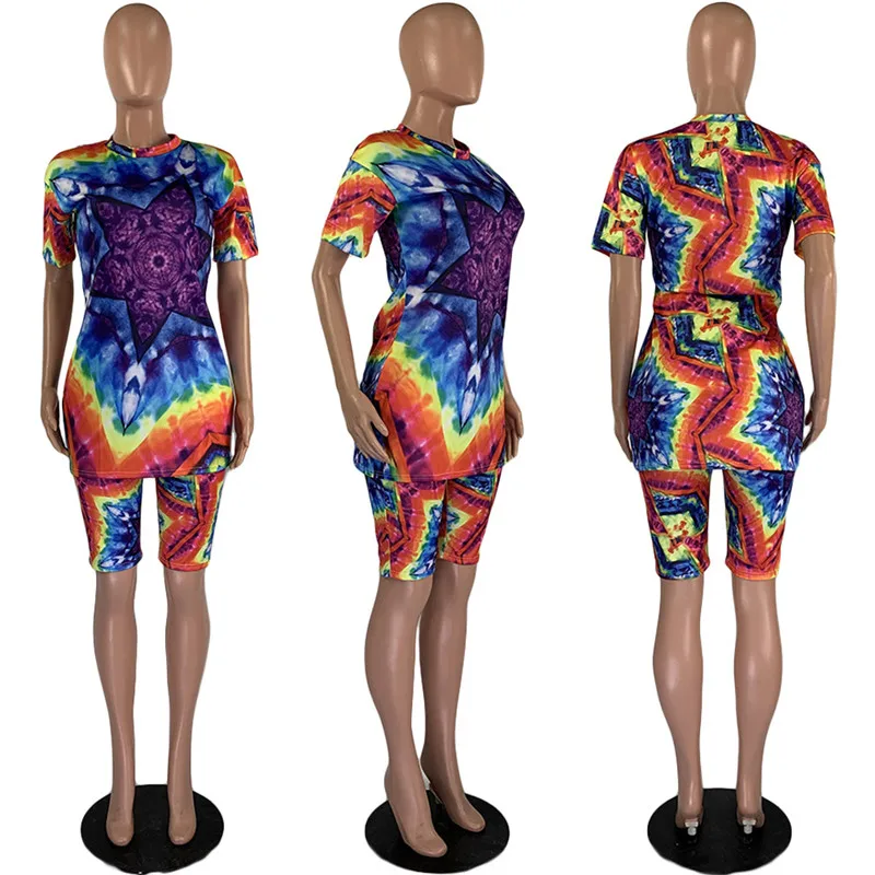 

Plus Size Rainbow Tie Dye Print 2 Piece Set Women Clothes T-shirt Top and Shorts Sweat Suits Casual Matching Sets Jogging Femme