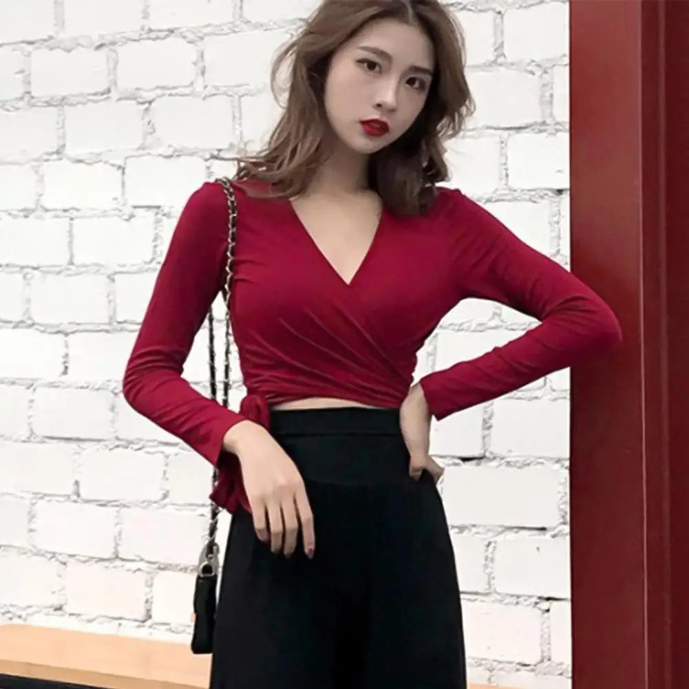 

Sexy Women Deep V Neck Front Wrap Side Bandage Slim Cropped Blouse Base Shirt Leisure Undershirt Base Camisas Femininas Clubwear