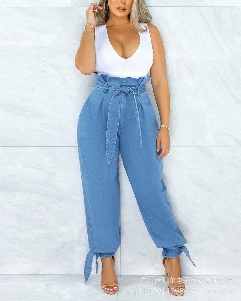 

Women Jeans Fall Spring Denim Cargo Pants High Wait Casual Loose Lace Up Pants Long Trousers Sexy Streetwear Mom Jeans