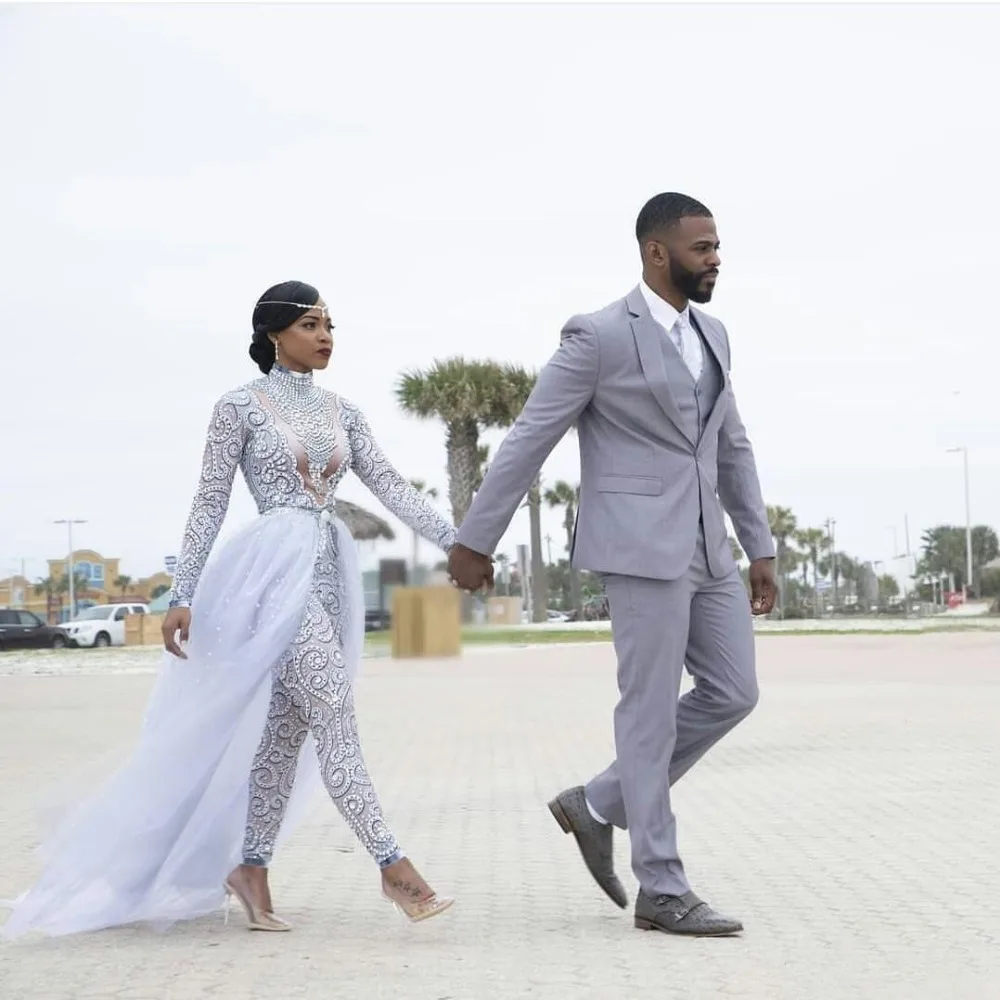 Wedding Jumpsuits With Detachable Train Wedding Dresses High Neck Beads Crystal Long Sleeves Modest Wedding Dress African Bridal