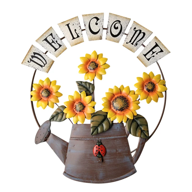

Pastoral Vintage Metal Wrought Iron Sunflower Hanging Welcome Sign For Front Door Decorations BDF99