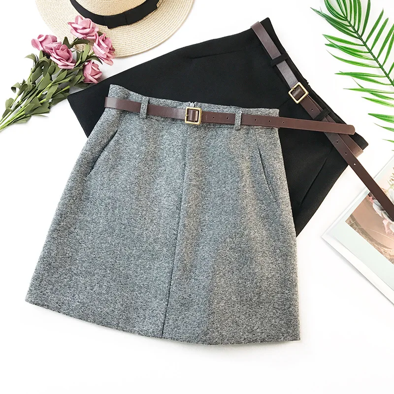 

2021 Spring New Arrival Vintage Temperament High Waist A-line Office Skirts Womens With Belt Woolen Mini Skirt Free Shipping
