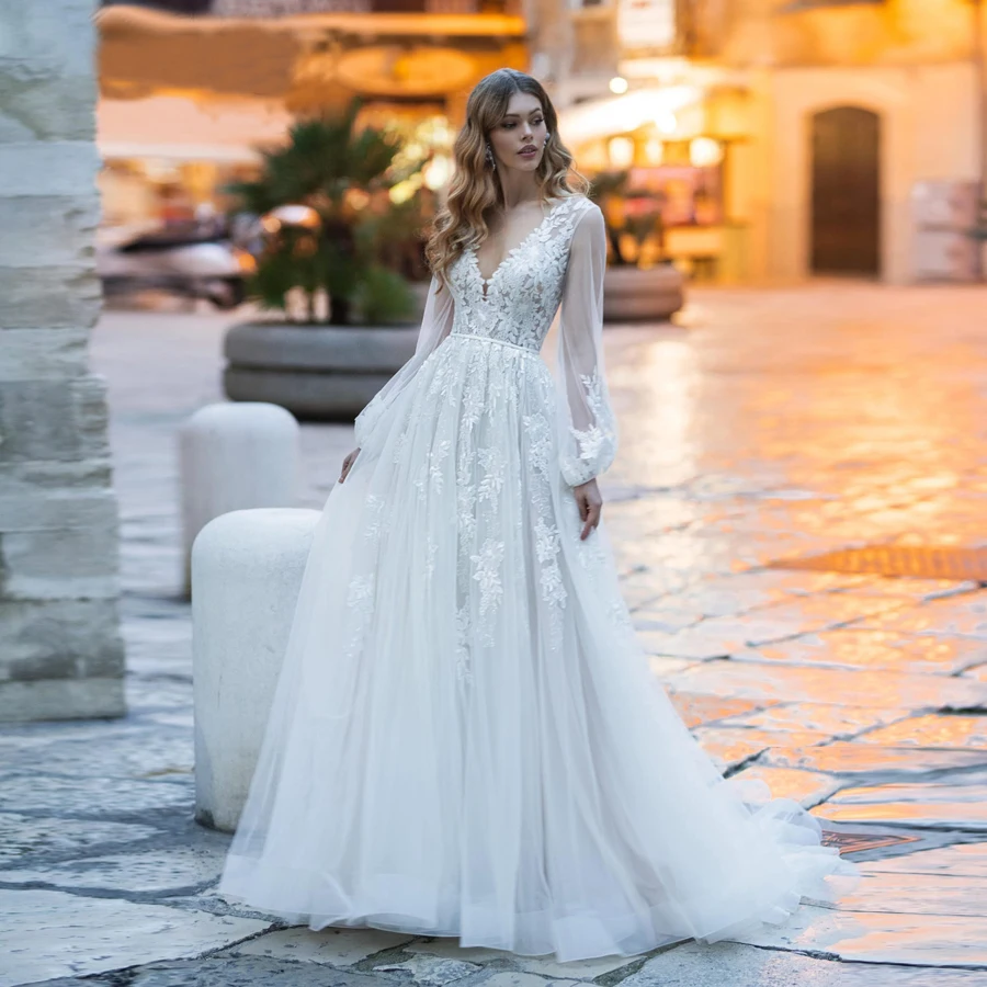 Свадебное платье с длинным рукавом богемное кружевное ТРАПЕЦИЕВИДНОЕ ПЛАТЬЕ С v