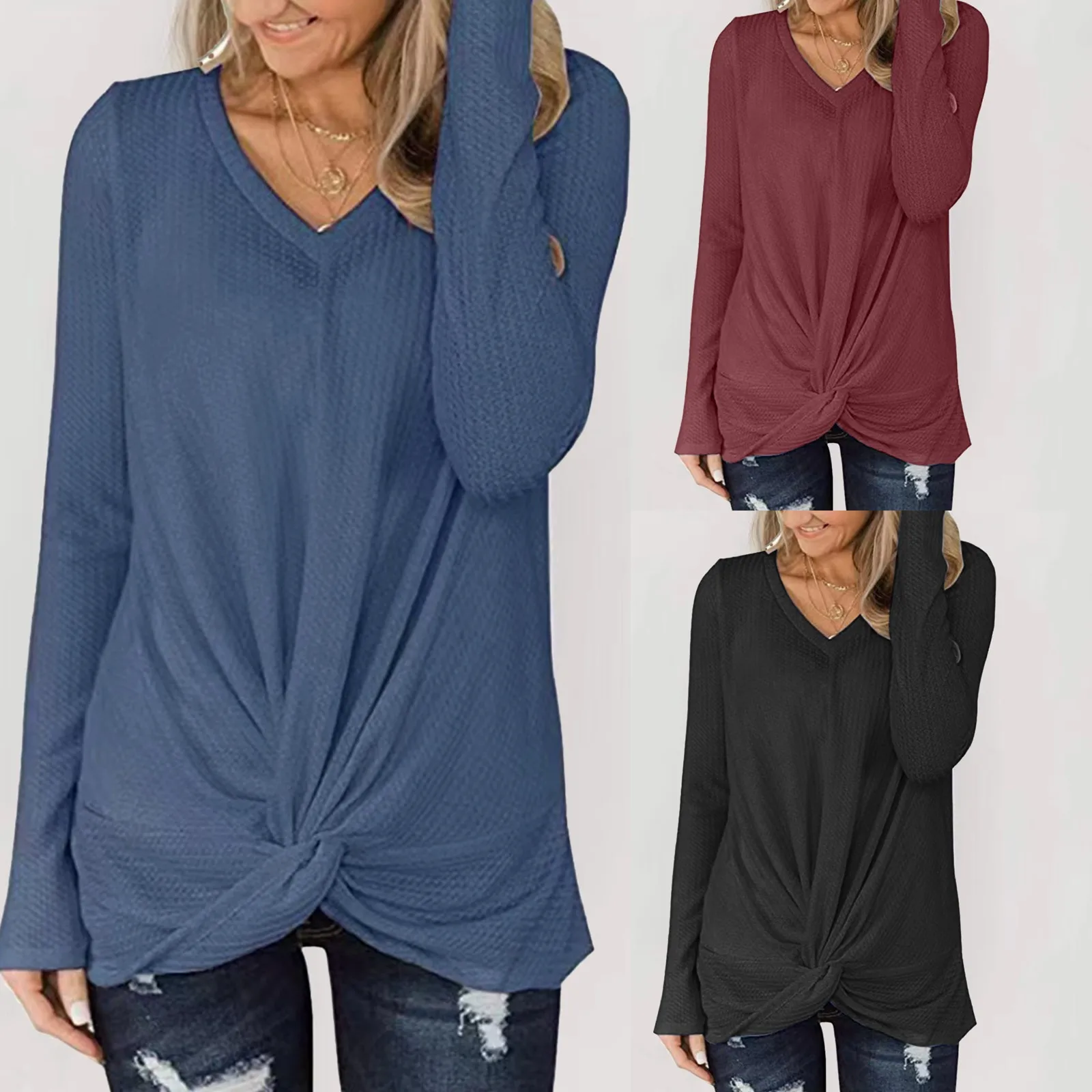 

Solid Print V-neck Long Sleeve T-shirts Women Autumn 2021 Woman Tshirts Fashion White Crew Neck Graphic Tee Streetwear 713#Q