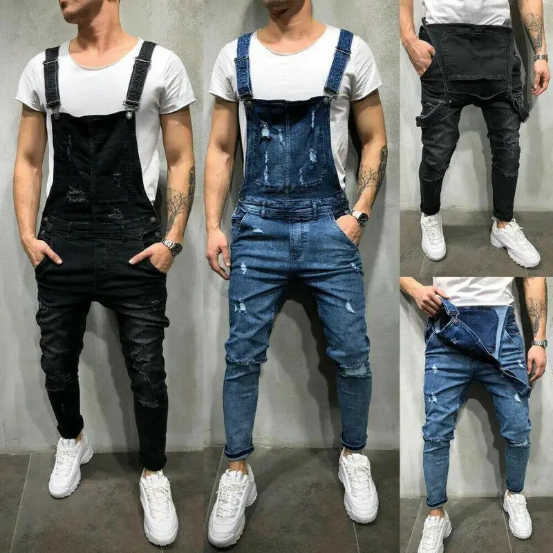Men Ripped Denim Jeans Mens Fashion 2021 Spring Autumn Overalls Dungarees Bib Pants Jumpsuit Casual Trousers