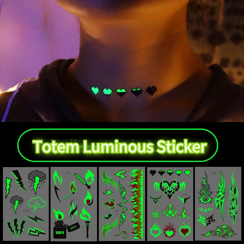 Светящийся водонепроницаемый временный наклейка татуировки Тотем Символ Пламени Звезд Луны Флэш-татуировки Волк Тело Искусство Рука Фальшивая Татуировка Женщины Мужчины на.