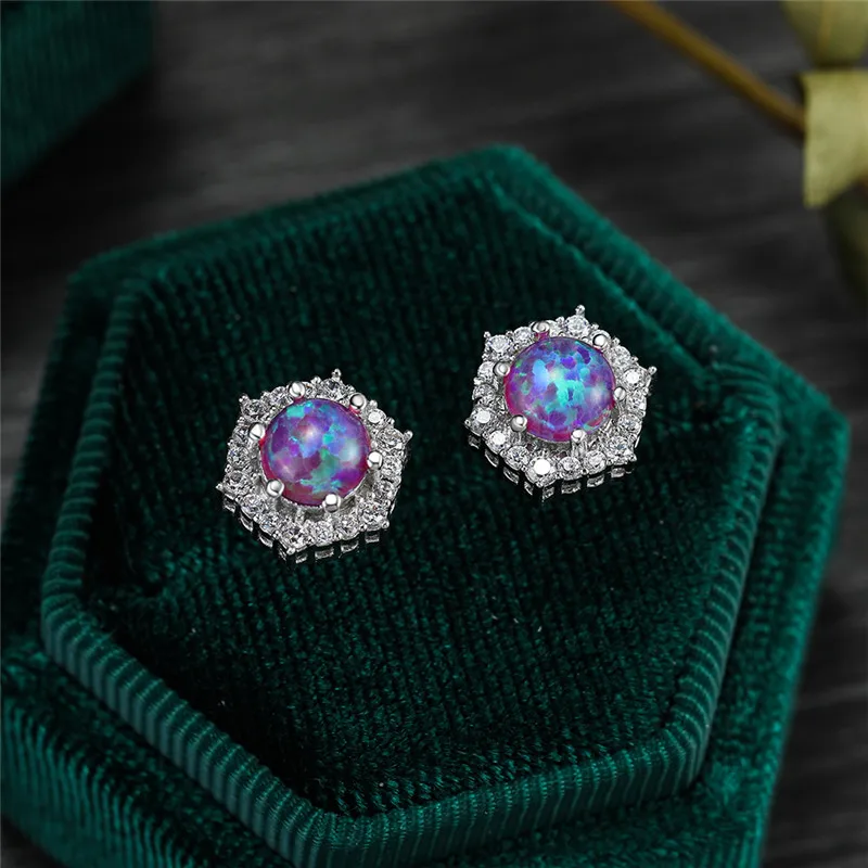 

Cute Female White Crystal Snowflake Earrings Silver Color Stud Earrings For Women Vintage Green Blue Fire Opal Wedding Earrings