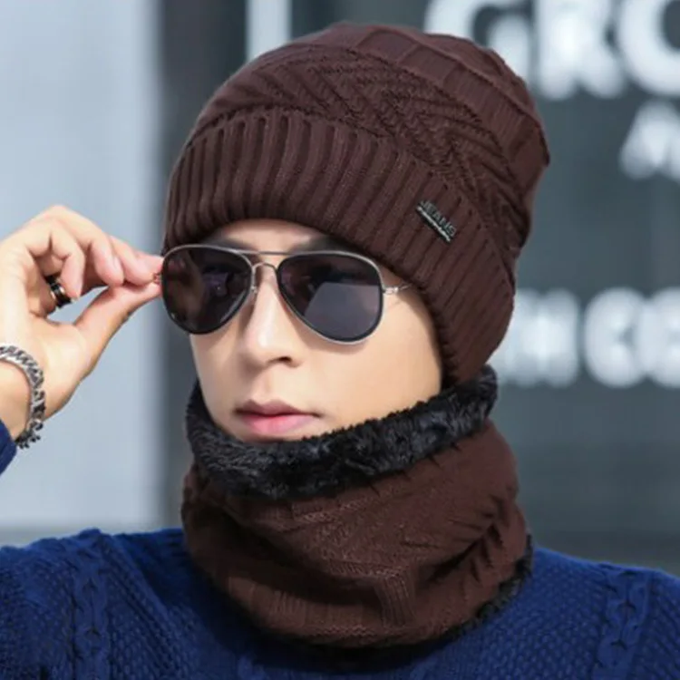 Мужские шерстяные бархатные Вязаная шапка и шарф зимний толстый винтажное