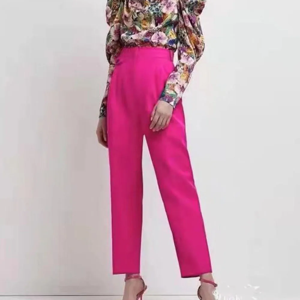 

Women's 2021 Spring and Autumn Pleated Pocket Trousers Fashion Solid Color Casual Retro Female Chic Pants Mujer