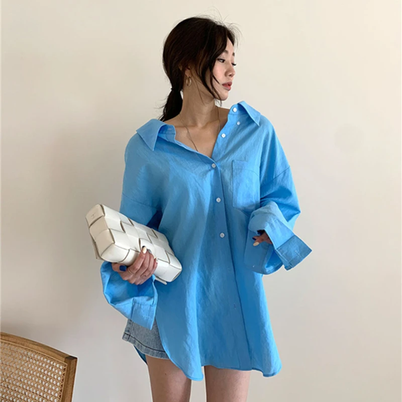 

Women Blouses Shirts Spring Autumn 2021 New Vintage Oversize Pocket Korean Style Split Lady Fashionable Wild Tops