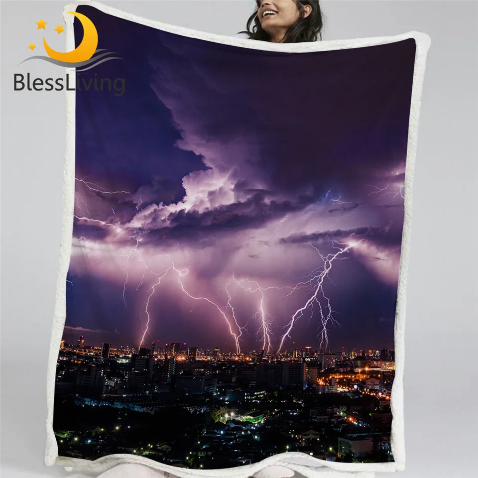 

BlessLiving Lightning Strike Bed Blankets City Landscape Throw Blanket Storm 3D Purple Light Bedding Thunder Dark Clouds Mantas