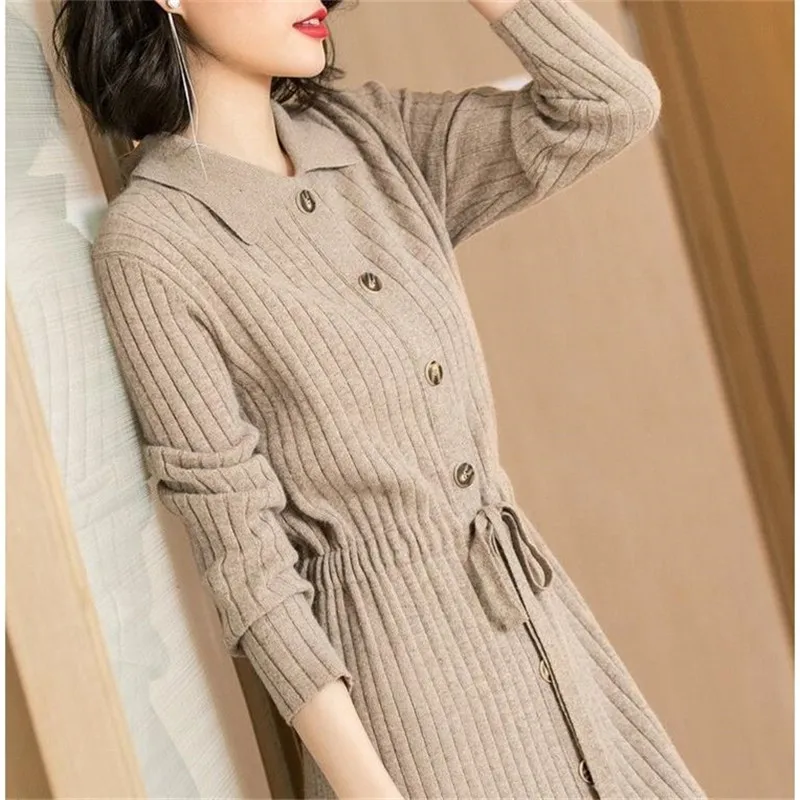 

Autumn Winter Women Long Sweater Dresses Casual Button Tie Bow Knitted Dress Ladies Long Sleeve Bottoming Dress Vestidos AB1987