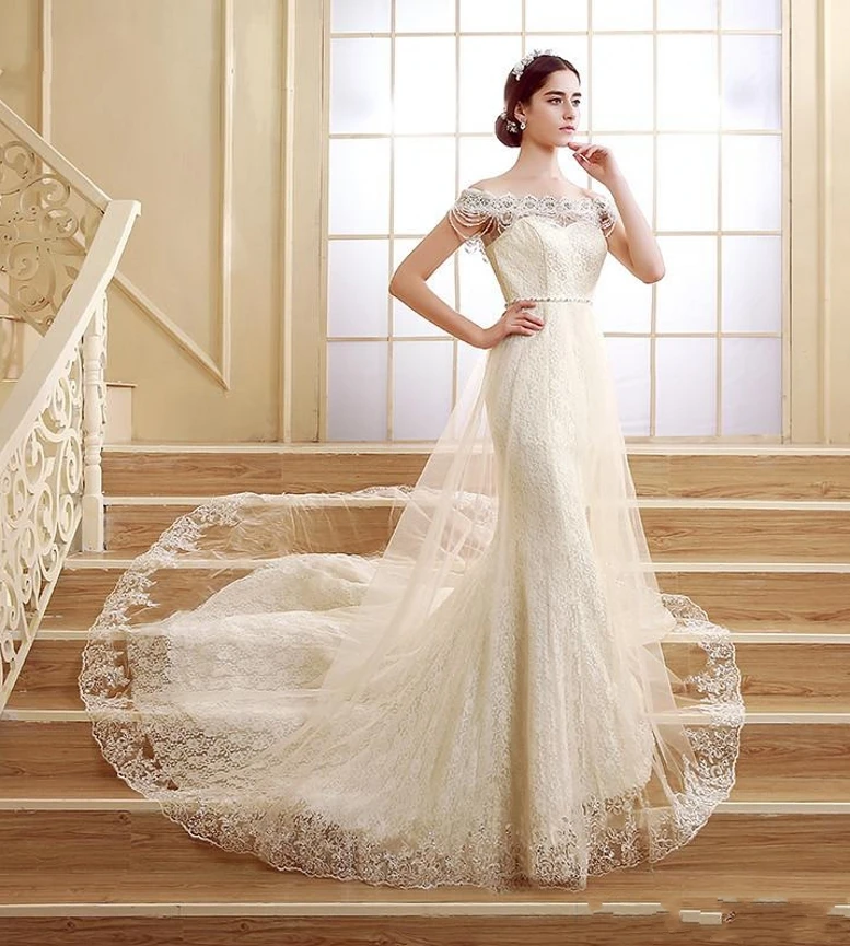 

Роскошные кружевные свадебные платья 2020, юбка-годе без рукавов, с открытыми плечами, тюлевые нарукавники, женское платье