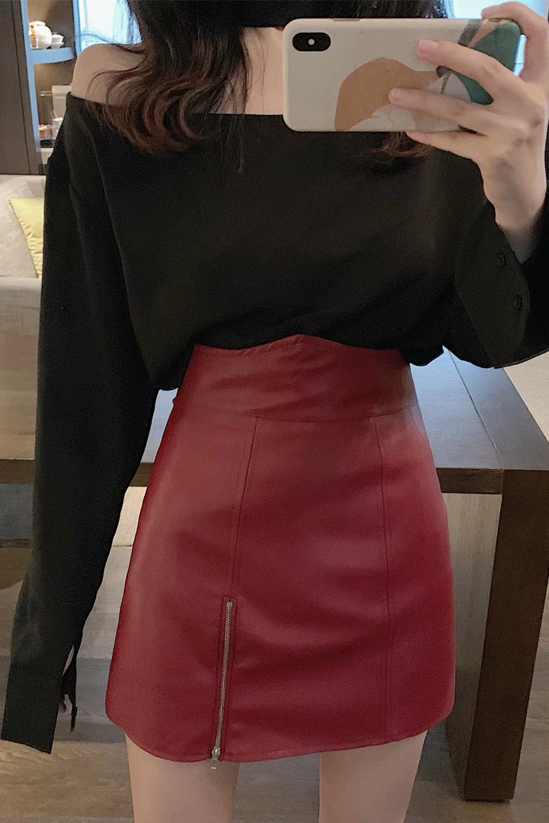 

2019 New Women Short Skirt High Waist Slim Hong Packet Buttock Pu Leather A Word Skirts Wine Red Black 1006