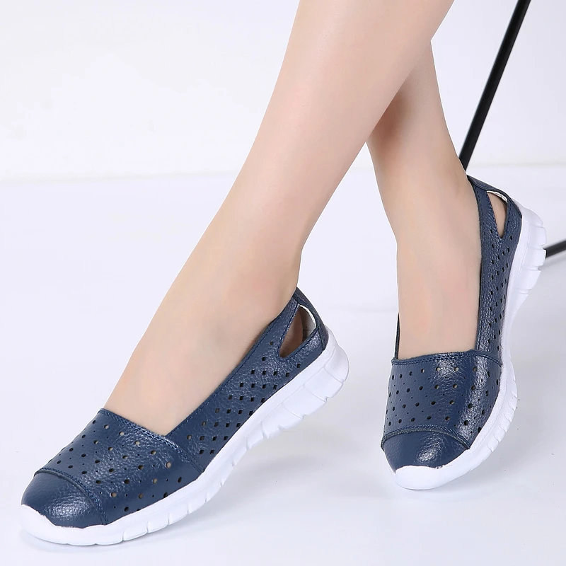 Женские балетки с перфорацией из натуральной кожи на плоской подошве|Обувь без